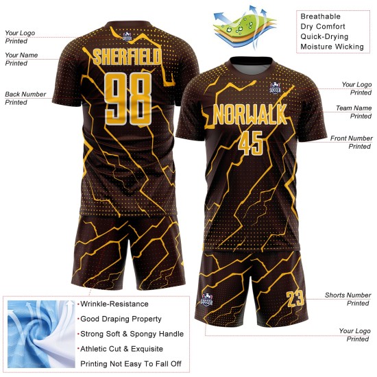 Sports Custom Gold-White Lightning Sublimation Brown Jersey Uniform Soccer